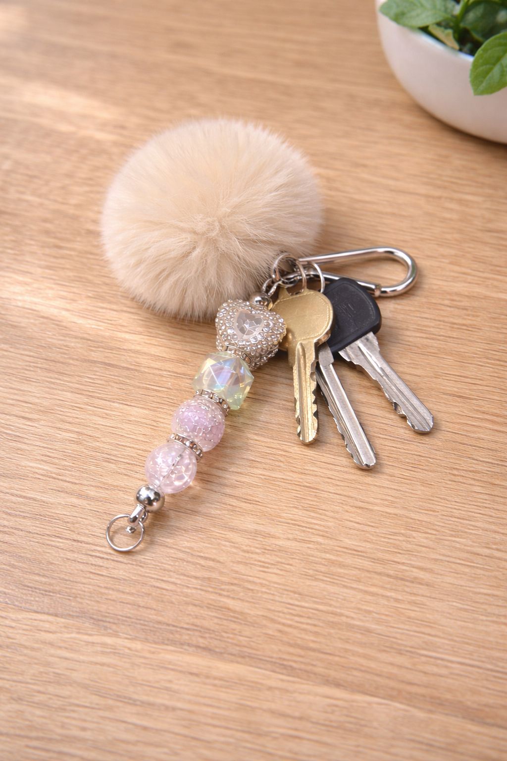 Beige Pom Pom Keyring with Diamanté Heart Focal