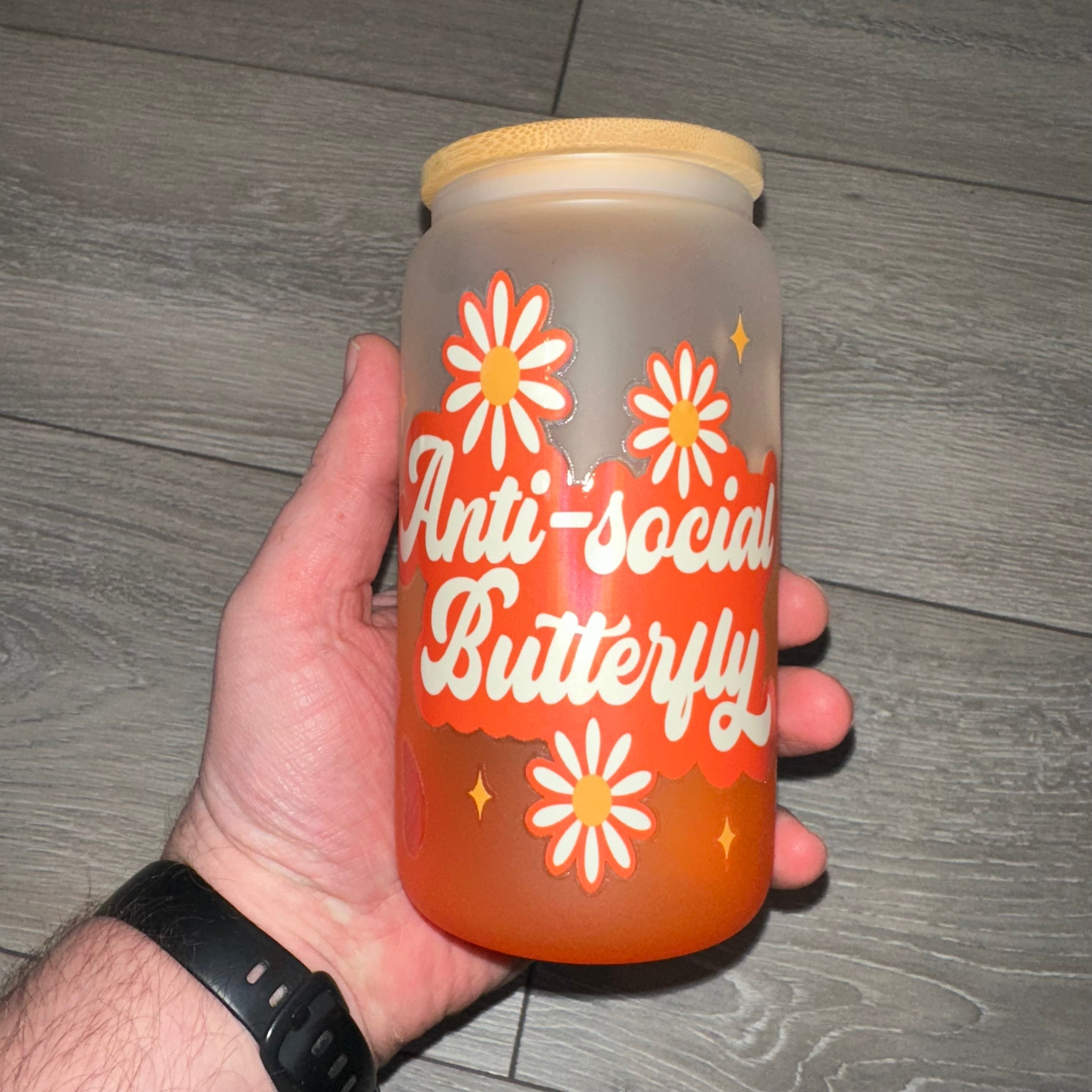 16oz “Anti Social Butterfly” Orange Ombré Glass