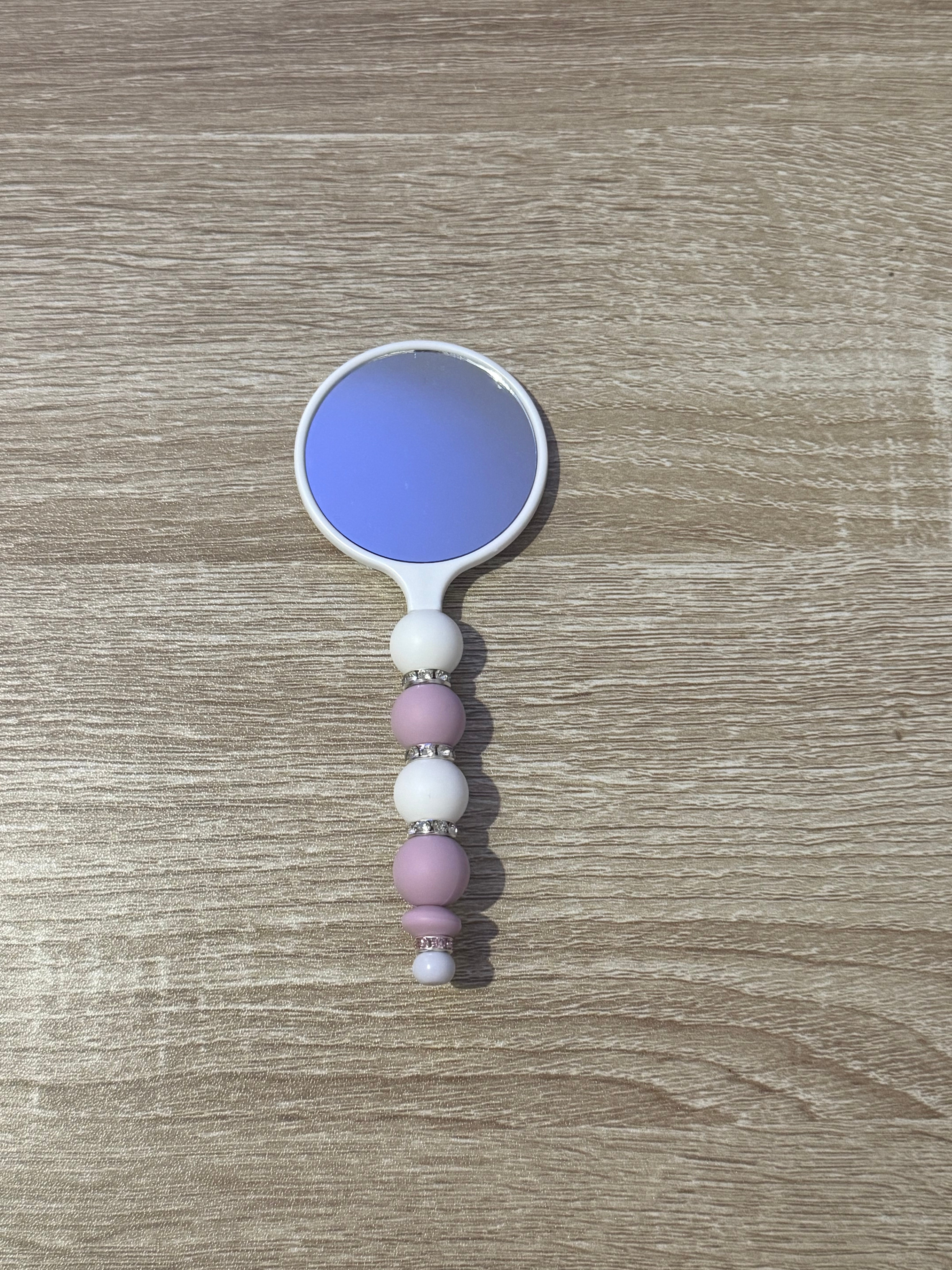 White “Beaded” Hand Held Small Mirror