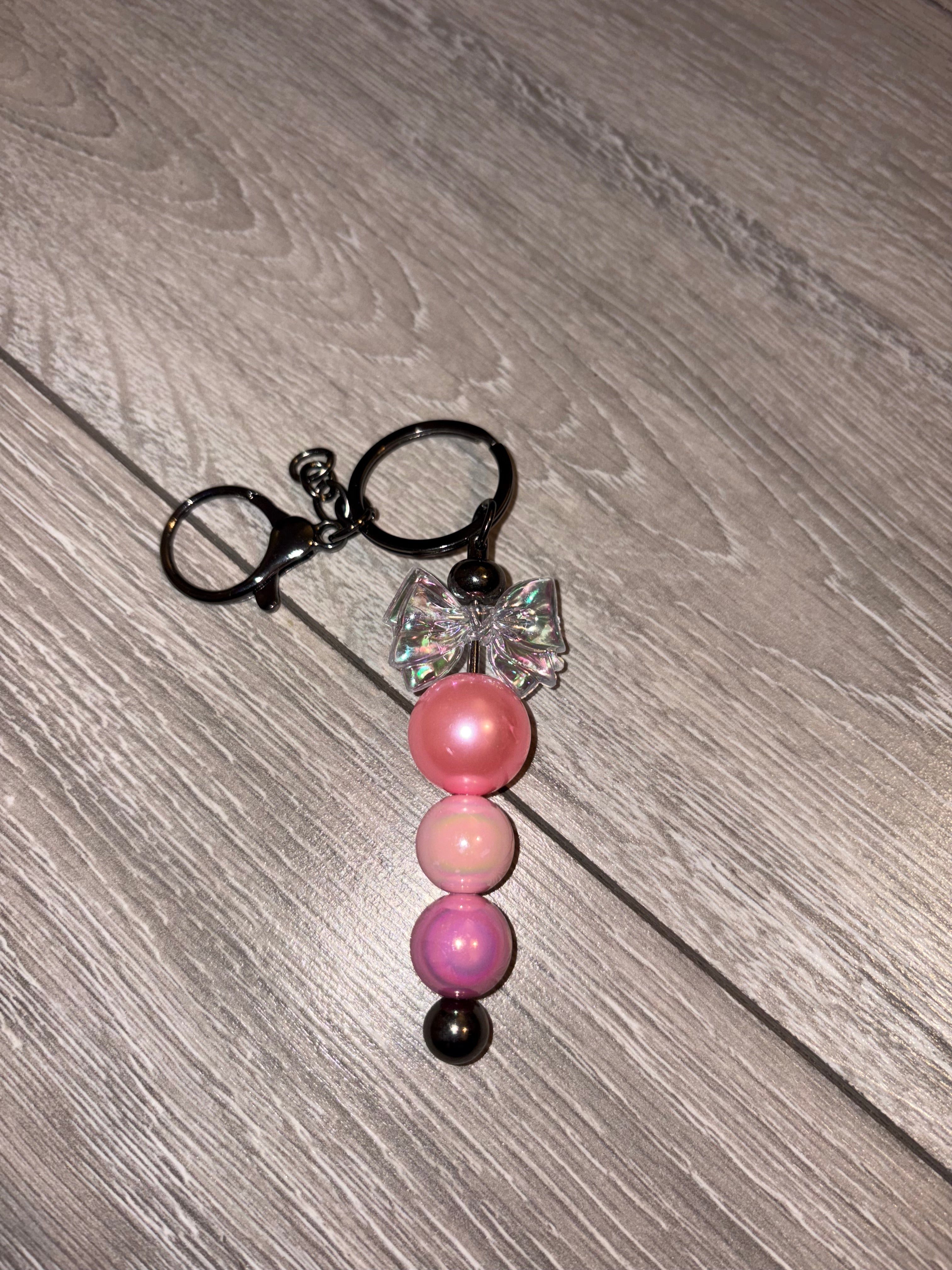 Clear Bow Pink Trio Bead Beaded Keyring