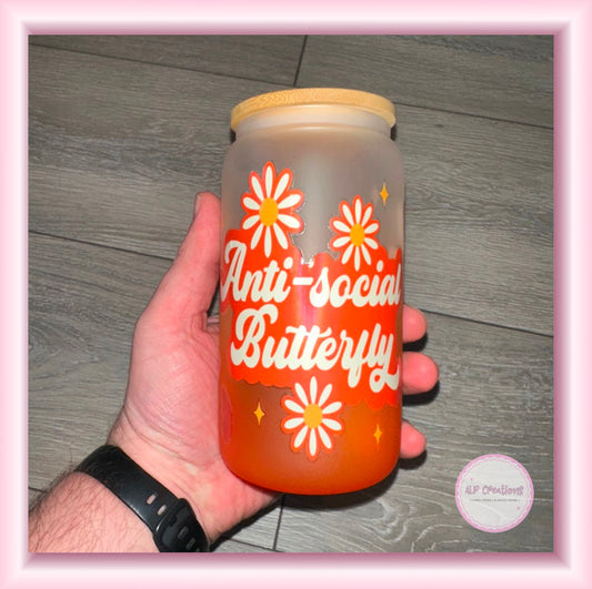 “Anti Social Butterfly” Orange Ombré 16oz Glass