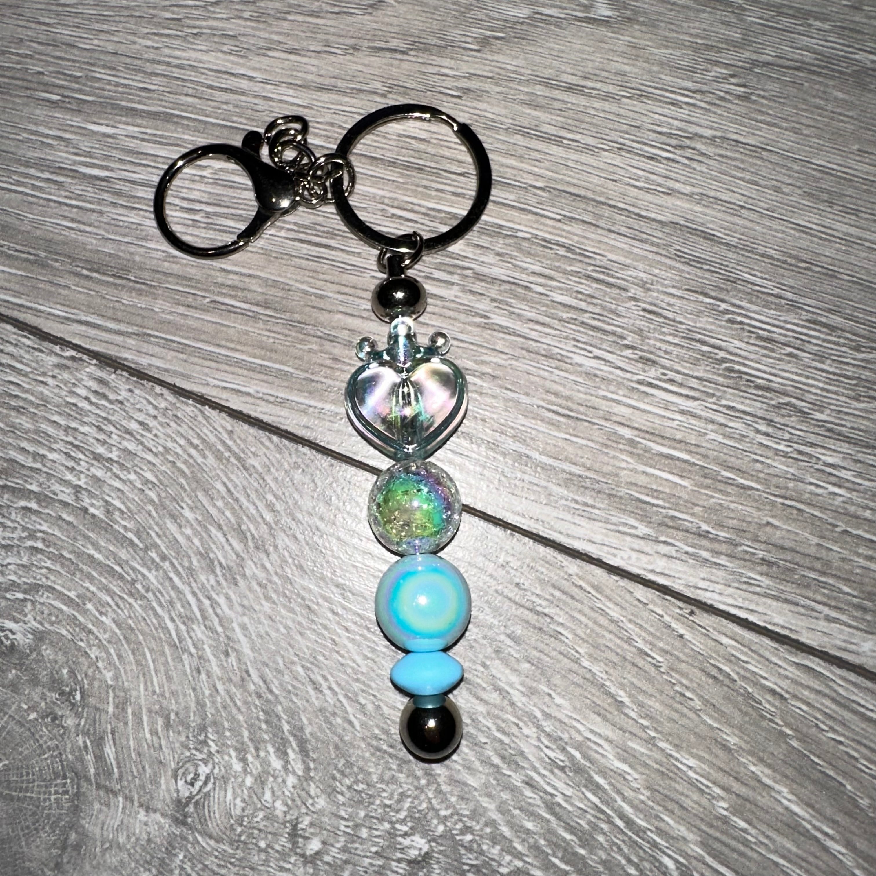 Blue Clear Heart Beaded Keyring