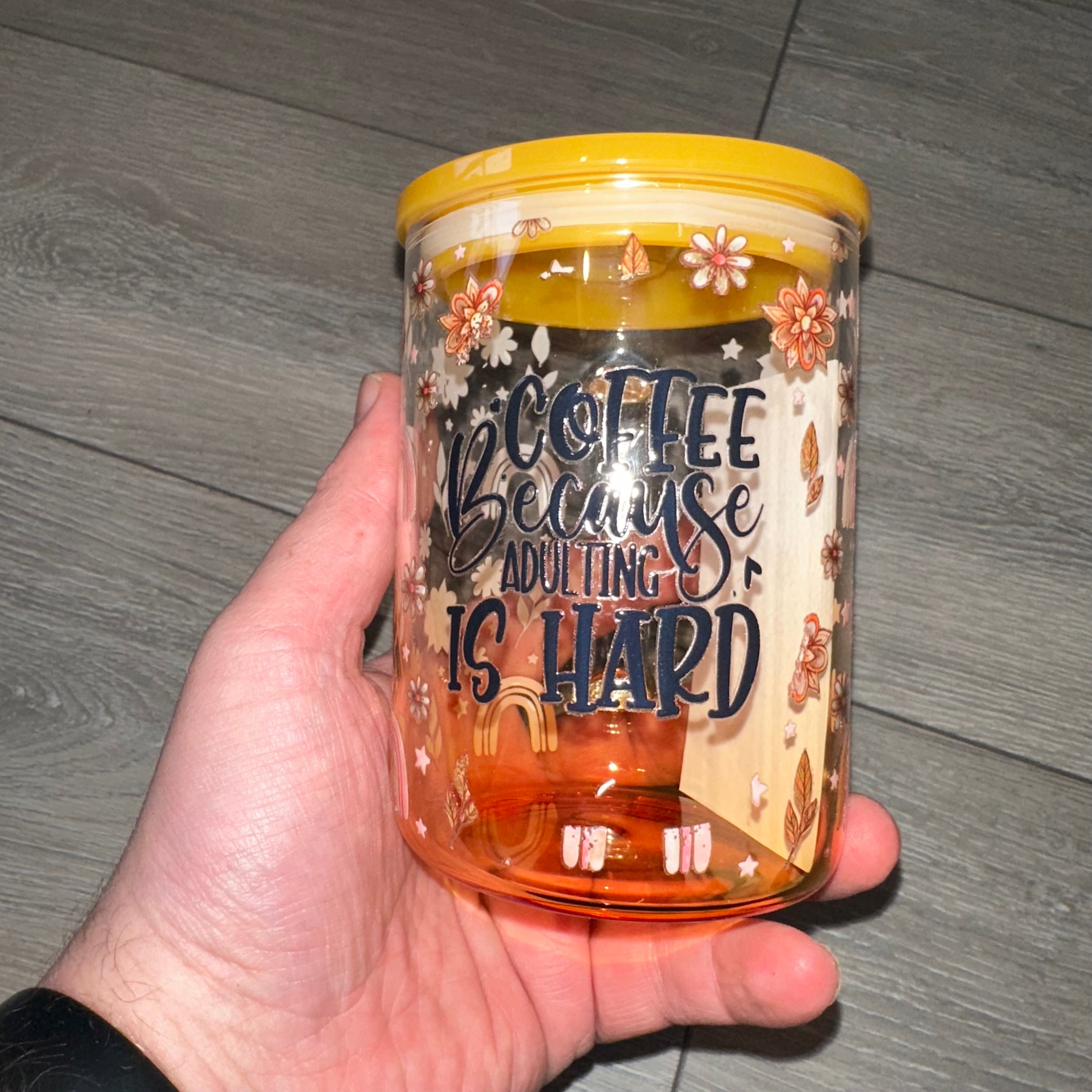 17oz “Coffee Because Adulting Is Hard” Orange Ombré Glass Mug