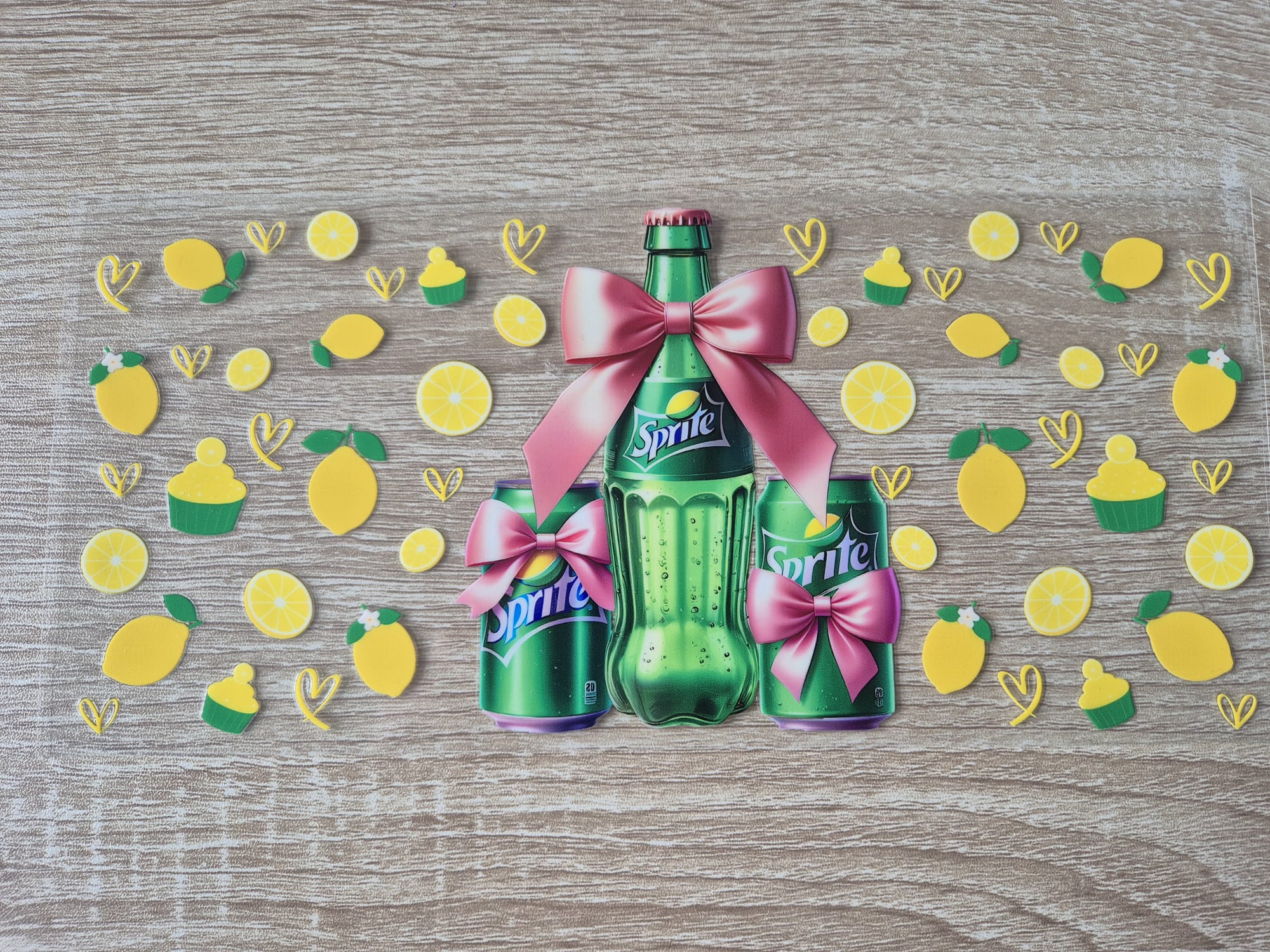 Sprite Bottle and 2 Cans with Pink Bows, Lemons & Cupcakes