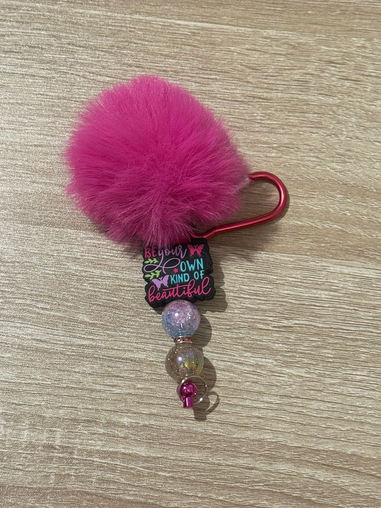 Pink Pom Pom Keyring with Be Your Own Kind of Beautiful