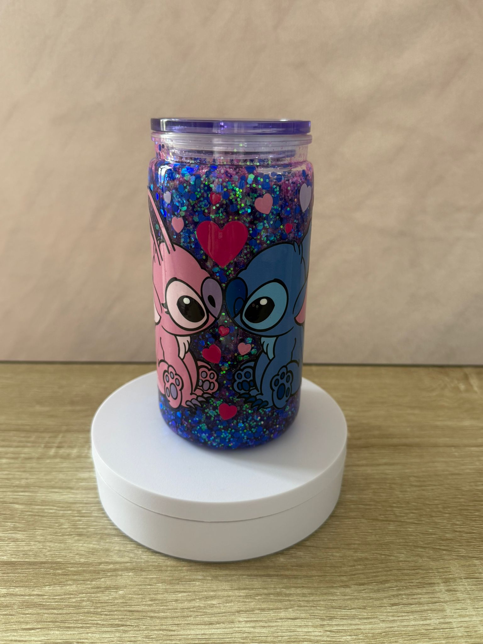 16oz Blue Glittered “Stitch and Angel” Snow Globe Cup