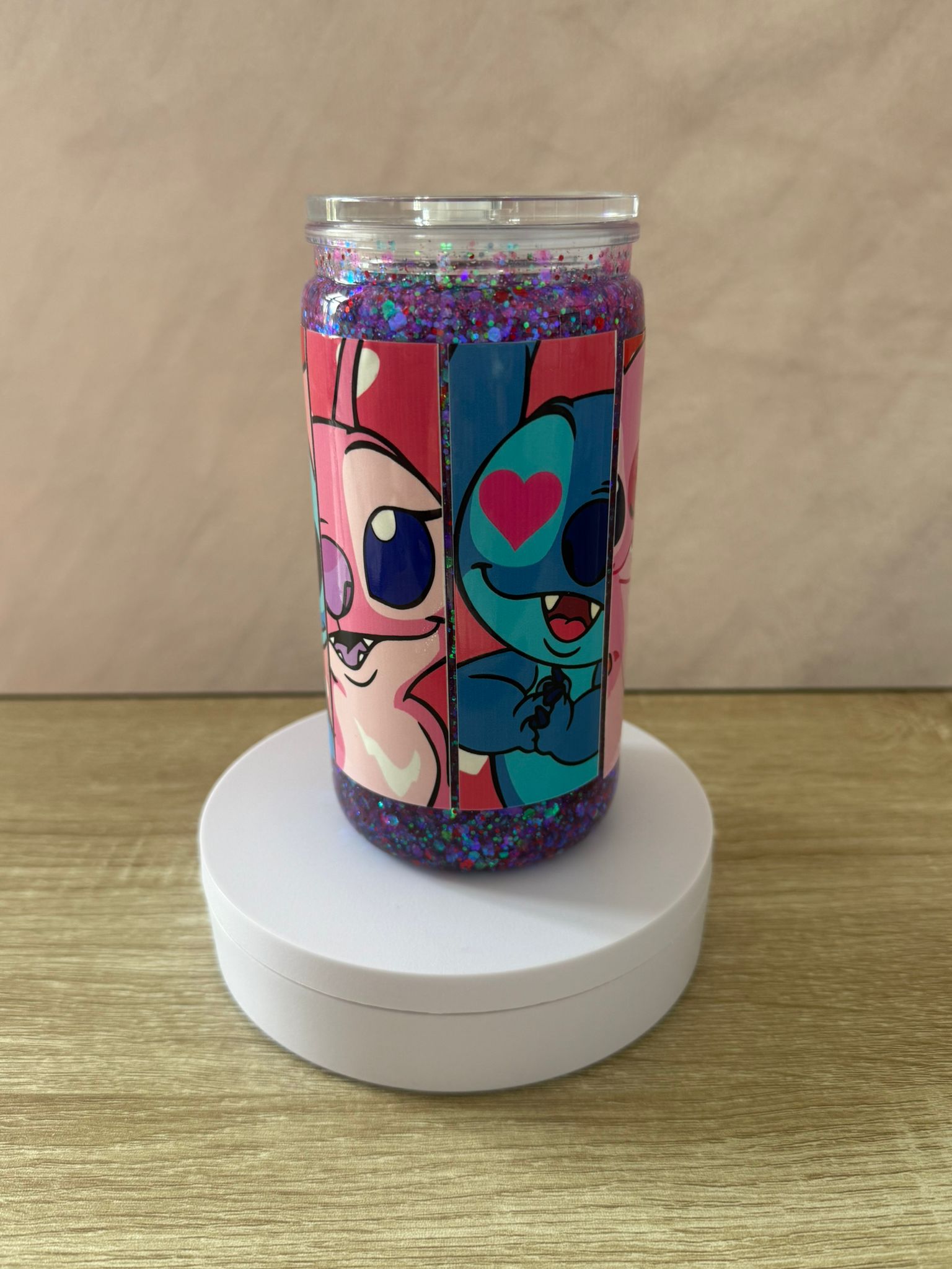 16oz Blue Glittered “Stitch Panel” Snow Globe Cup