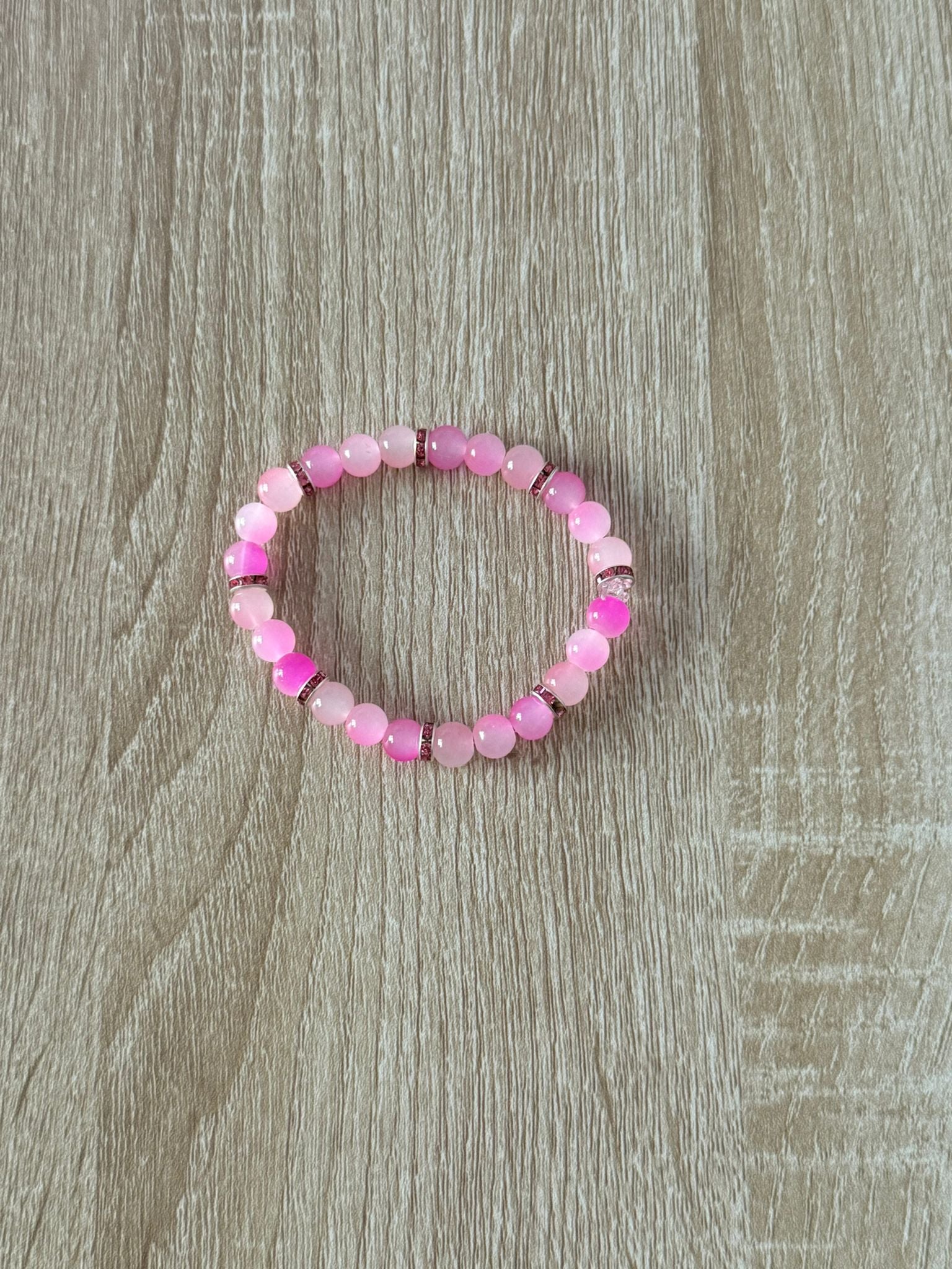 Small Pink and Clear Beaded Bracelet with Pink Spacers (Medium - 16cm)