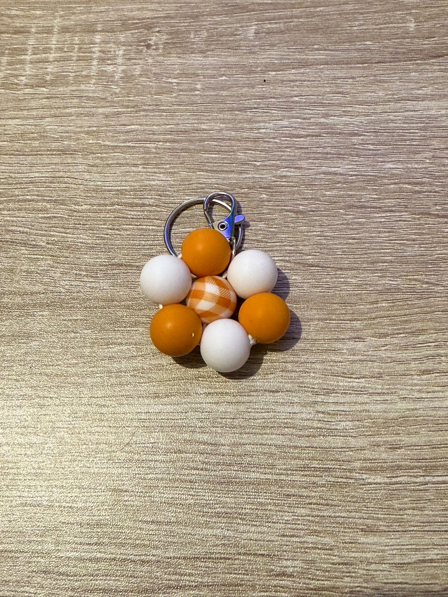 Orange & White with Gingham Centre Beaded Flower Keyring