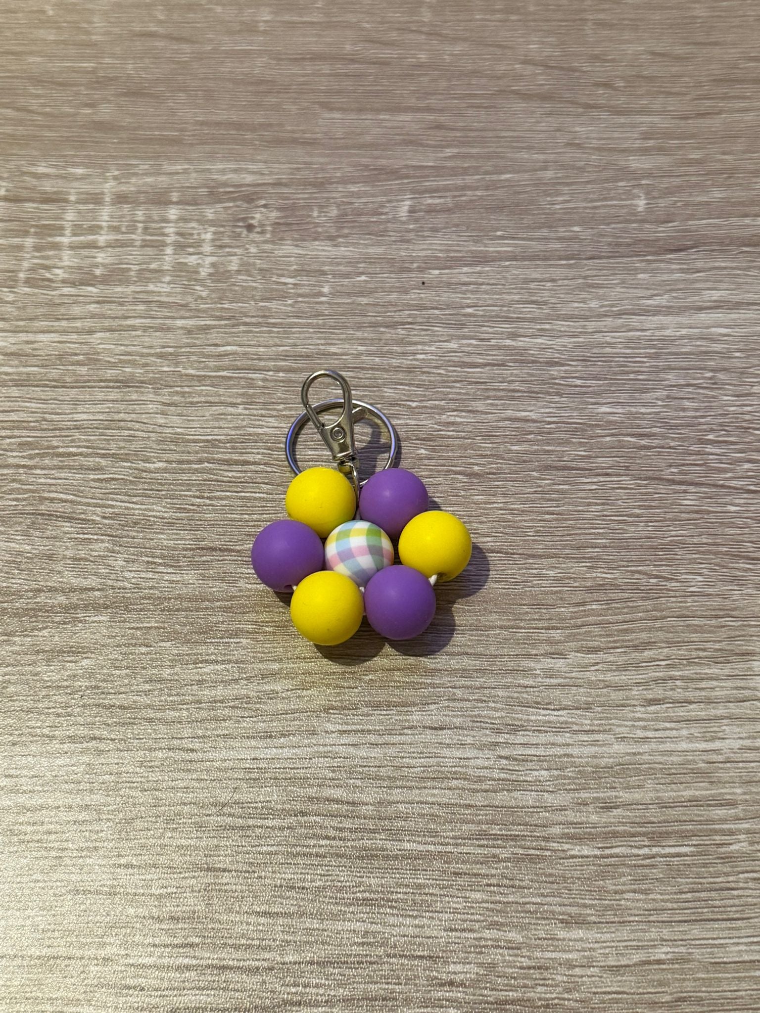 Yellow & Purple with Gingham Centre Beaded Flower Keyring
