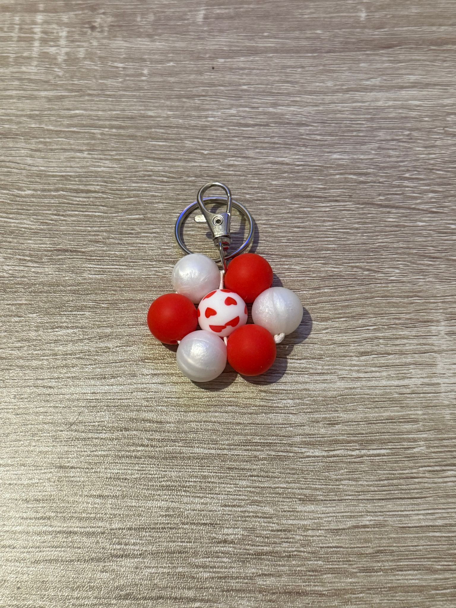 Red & White with Heart Centre Beaded Flower Keyring