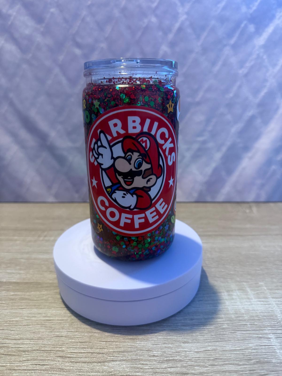 16oz Red & Green Glittered “Mario” Snow Globe Cup