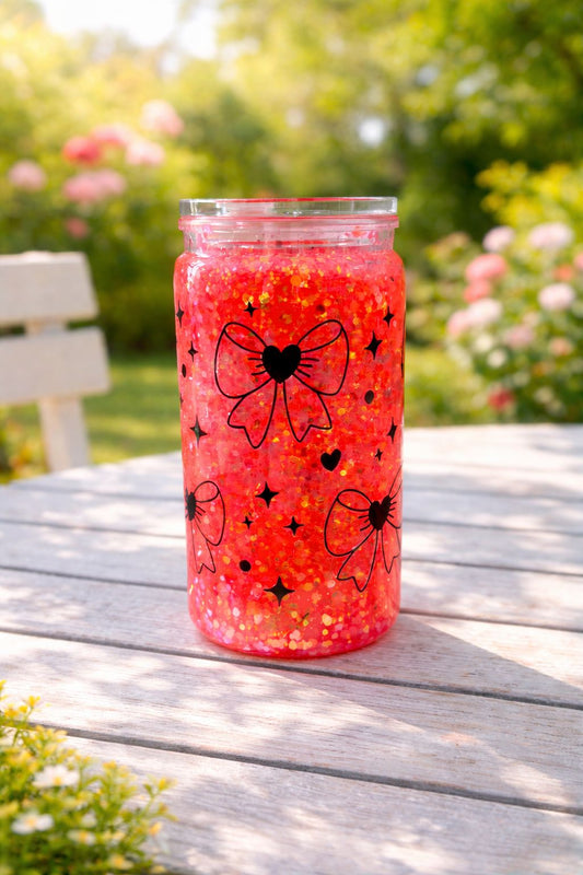 16oz Orange Glittered “Black Bow” Snow Globe Cup