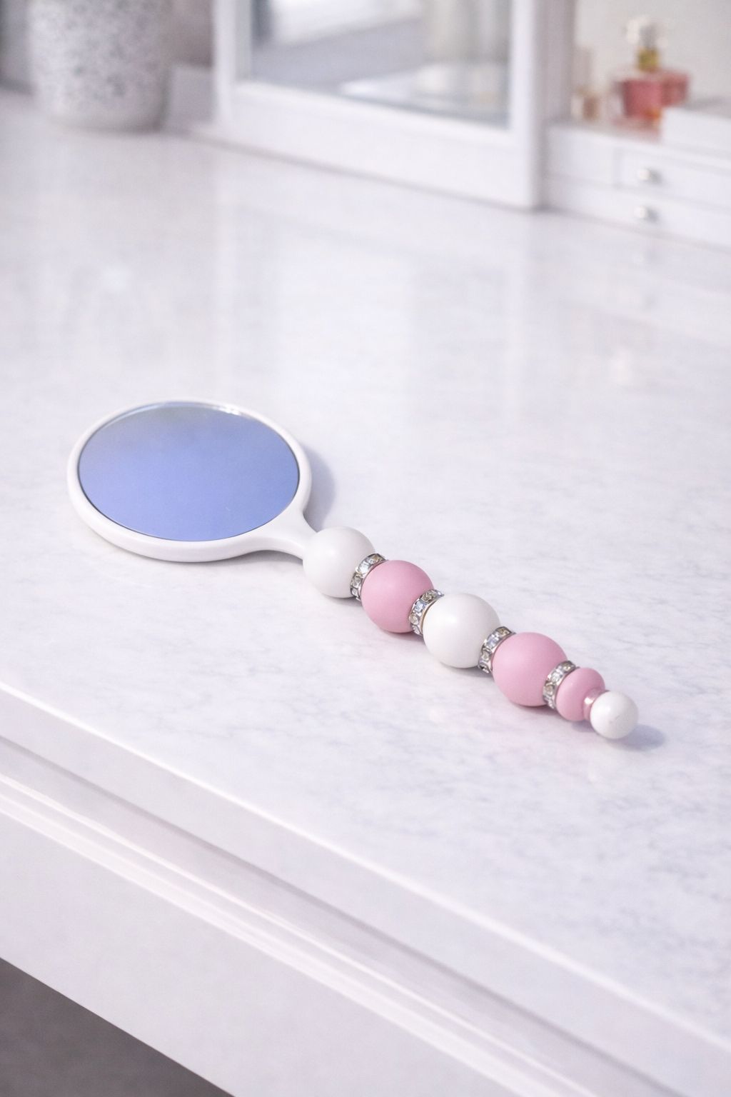 White “Beaded” Hand Held Small Mirror