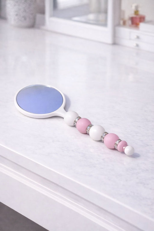 White “Beaded” Hand Held Small Mirror