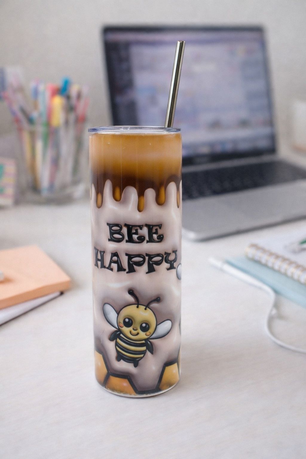 20oz Sublimation Tumbler with Bee Happy Wrap