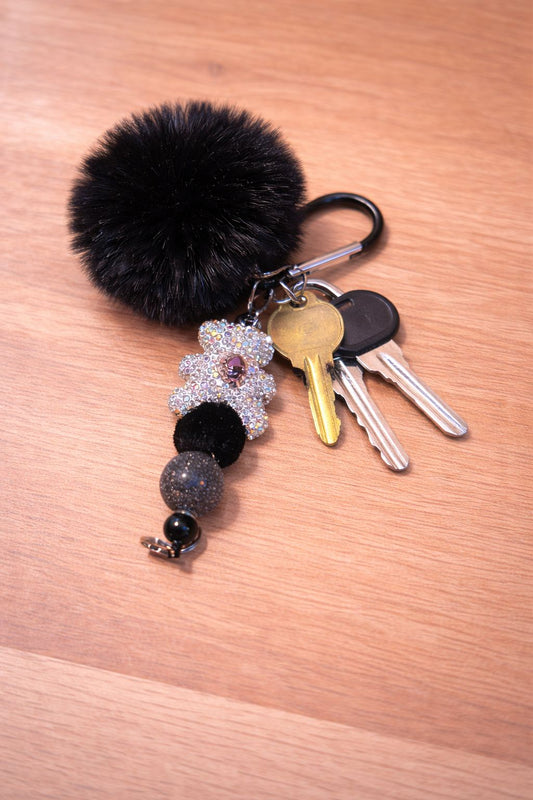 Black Pom Pom Keyring with Diamanté Bear Focal