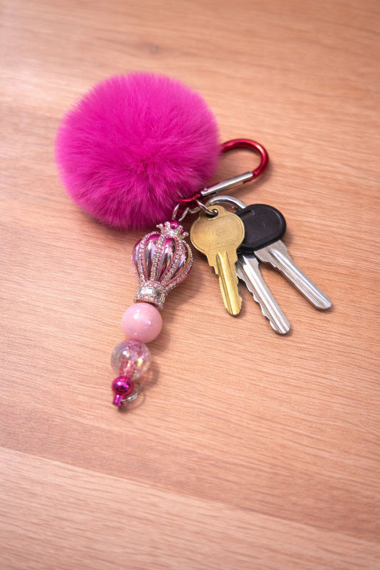 Pink Pom Pom Keyring with Hot Air Balloon Focal