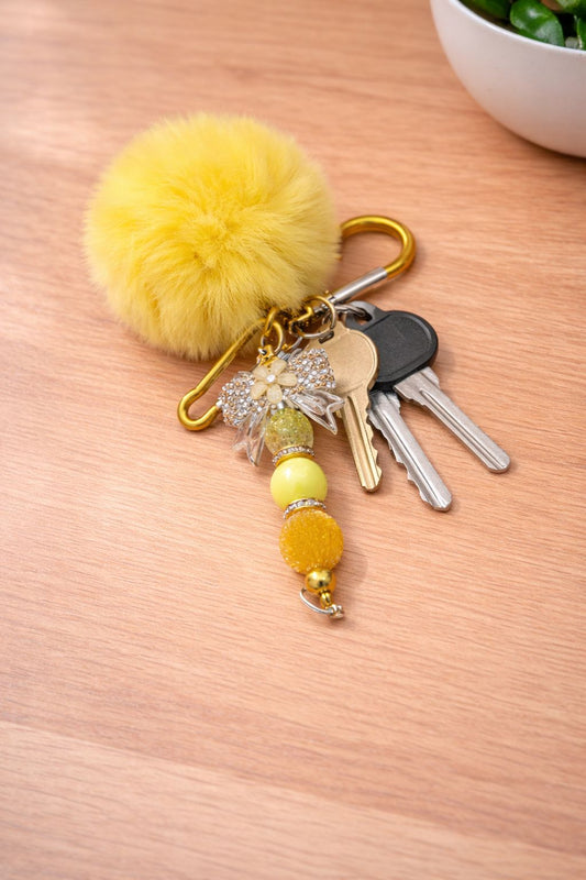 Yellow Pom Pom Keyring with Yellow Bow Focal