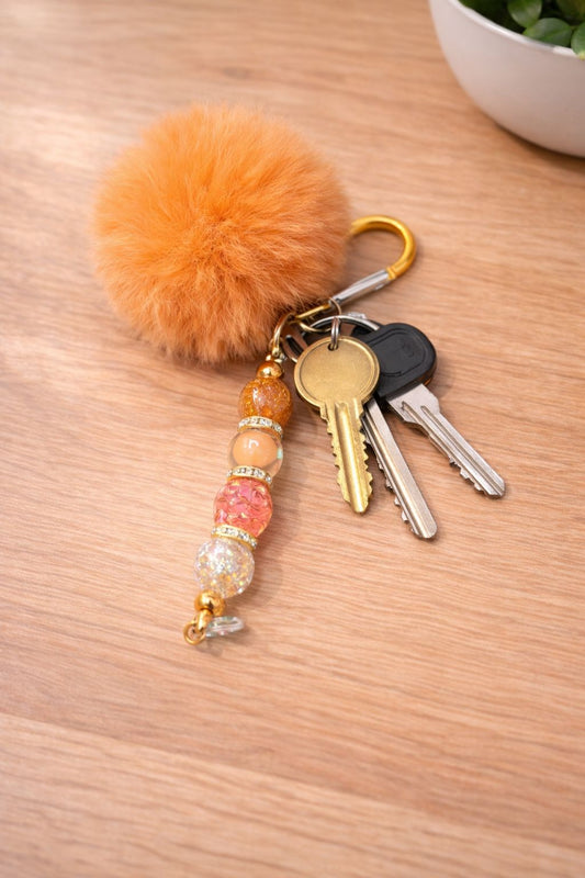 Orange Beaded Pom Pom Keyring