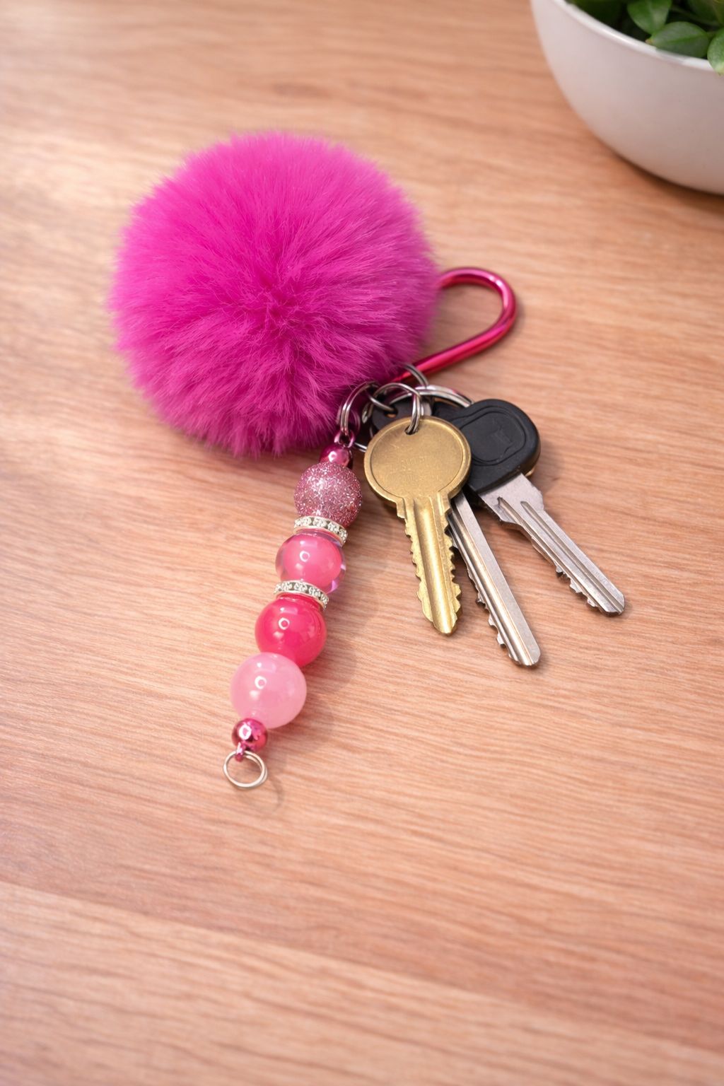 Pink Beaded Pom Pom Keyring