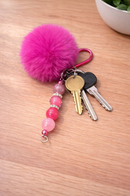 Pink Beaded Pom Pom Keyring