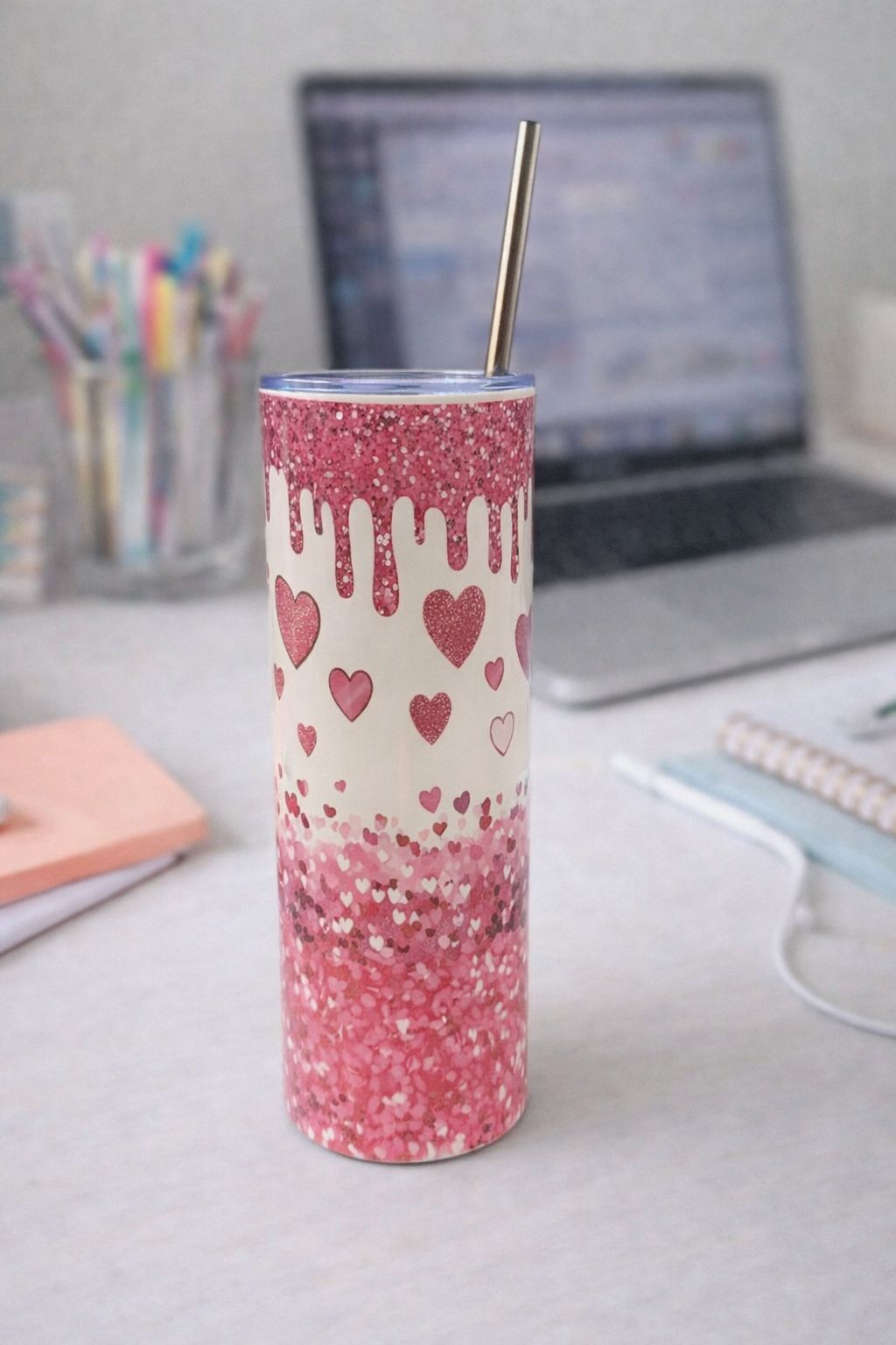 20oz Sublimation Tumbler with Pink Hearts and Pink Drip Wrap