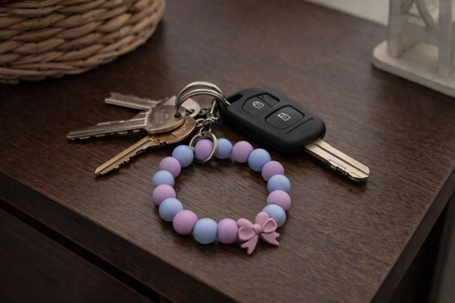 Purple and Blue Beaded Key Wristlet with Bow Focal
