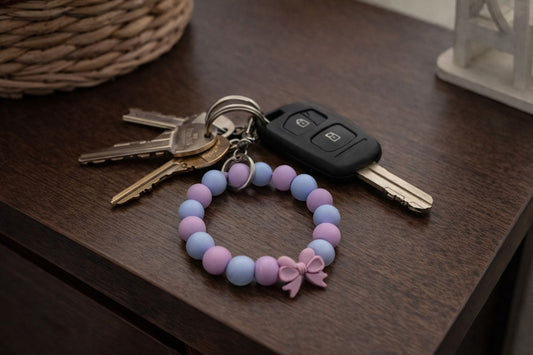 Purple and Blue Beaded Key Wristlet with Bow Focal