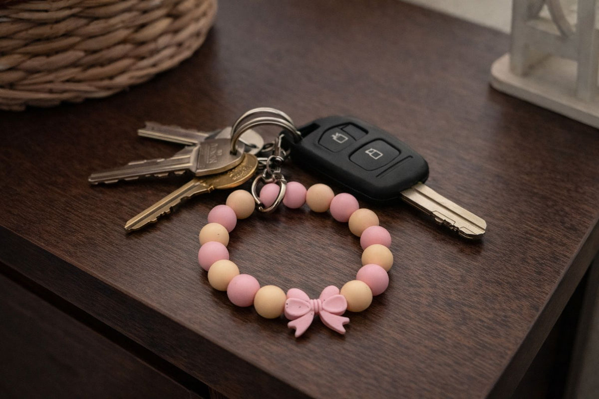 Pink and Cream Beaded Key Wristlet with Bow Focal