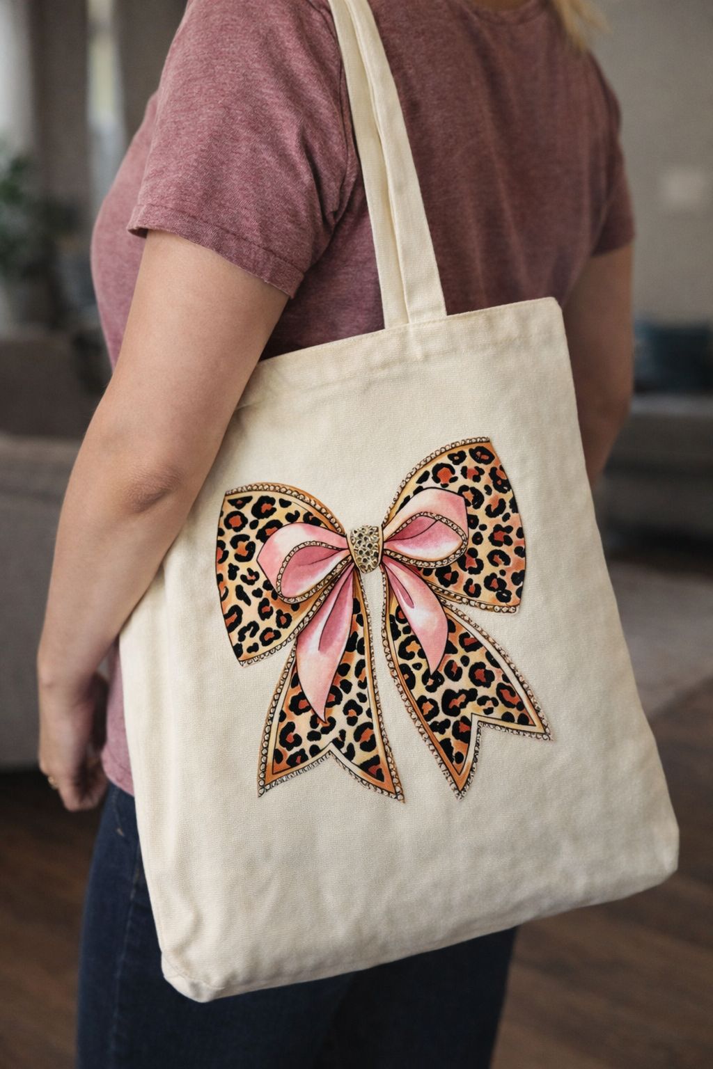 Leopard Print Bow Sublimation Tote Bag