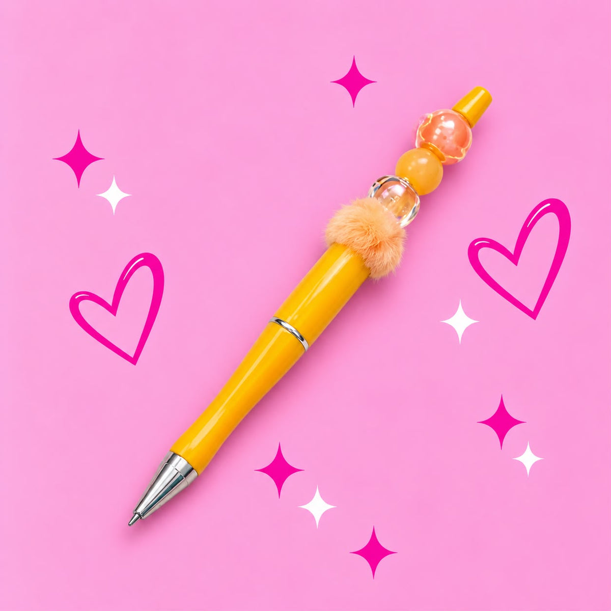Orange “Trio Bead” with Fluff Beaded Pen