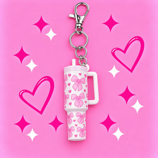 Mini Stanley Lip Balm Holder Keyring with Pink Bow Wrap